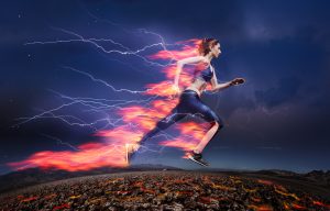 Woman running fast against stormy sky with flash